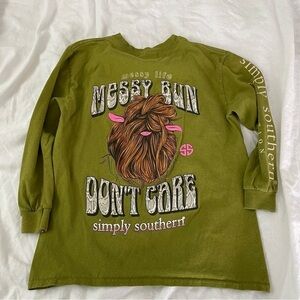 Simply Southern Youth SMALL Messy Bun Green Long Sleeve T shirt cotton USA